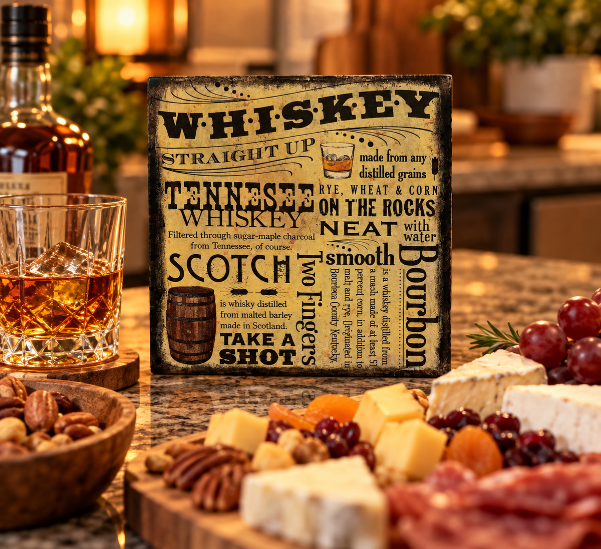 Whiskey Bar Wood Block Sign – Rustic Cocktail Tiered Tray Decor (5x5 in)