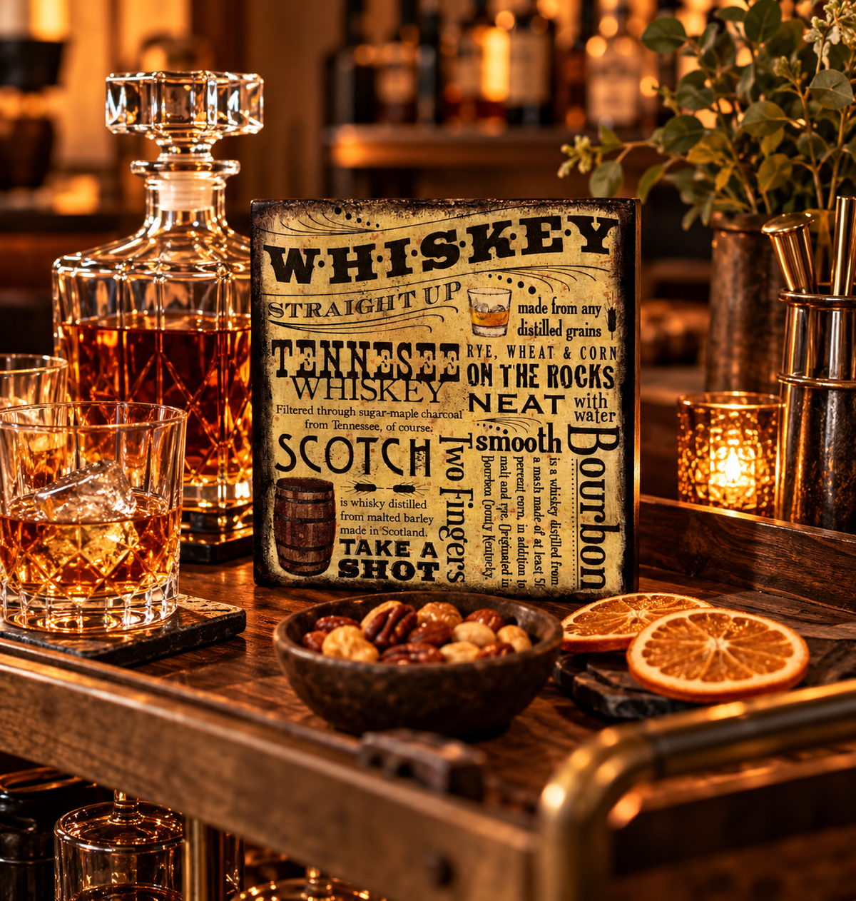 Whiskey Bar Wood Block Sign – Rustic Cocktail Tiered Tray Decor (5x5 in)