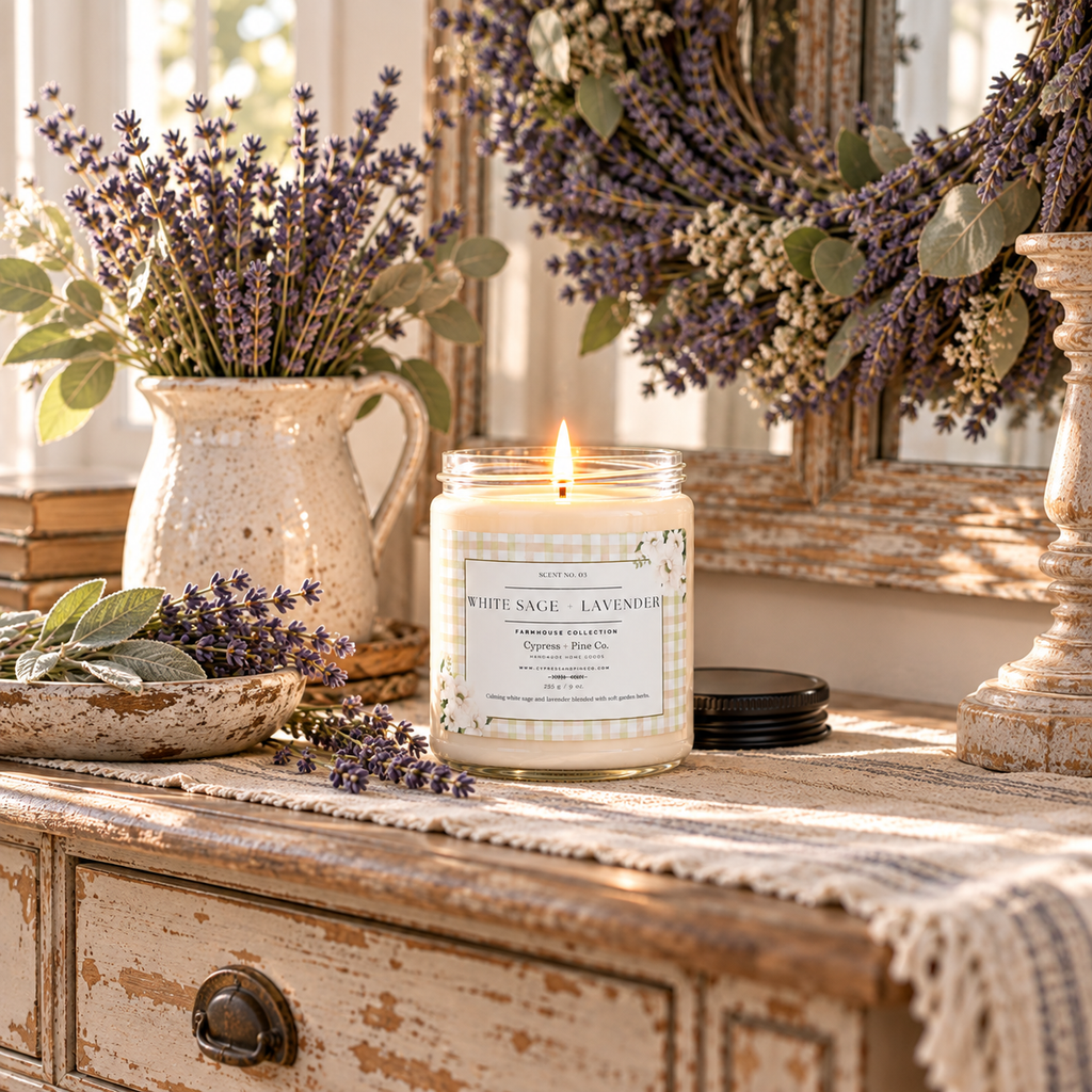 White Sage + Lavender Soy Candle - Farmhouse Collection, 9 oz