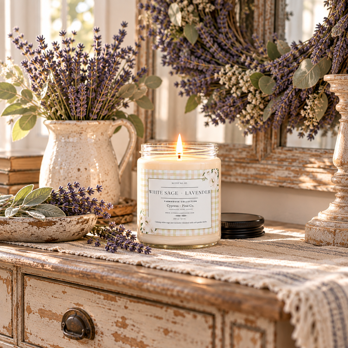 White Sage + Lavender Soy Candle - Farmhouse Collection, 9 oz