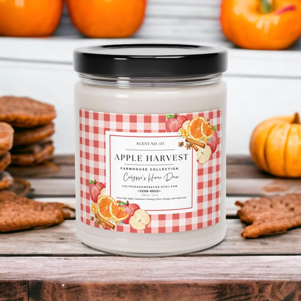 Apple Harvest candle front view on white background showing full red gingham label design