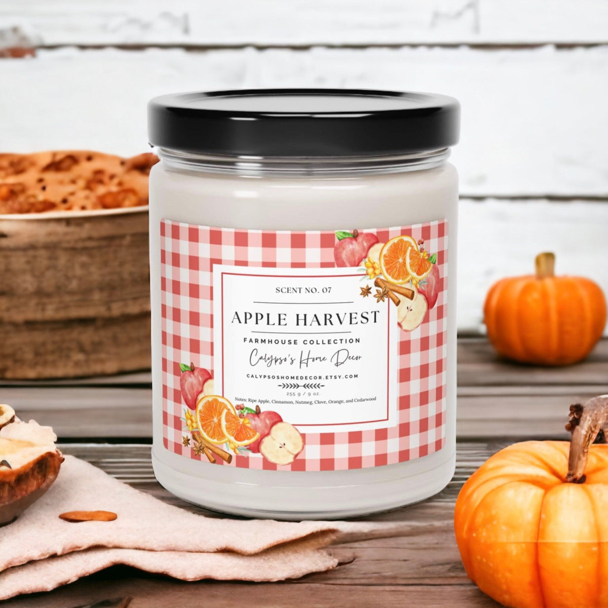 Apple Harvest candle Scent No 07 label close up showing Apple Harvest Farmhouse Collection botanical design