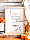 Autumn is Gods Way framed wood sign with copper and black lettering in whitewashed birch frame on white mantel with orange pumpkins and fall flowers hero shot