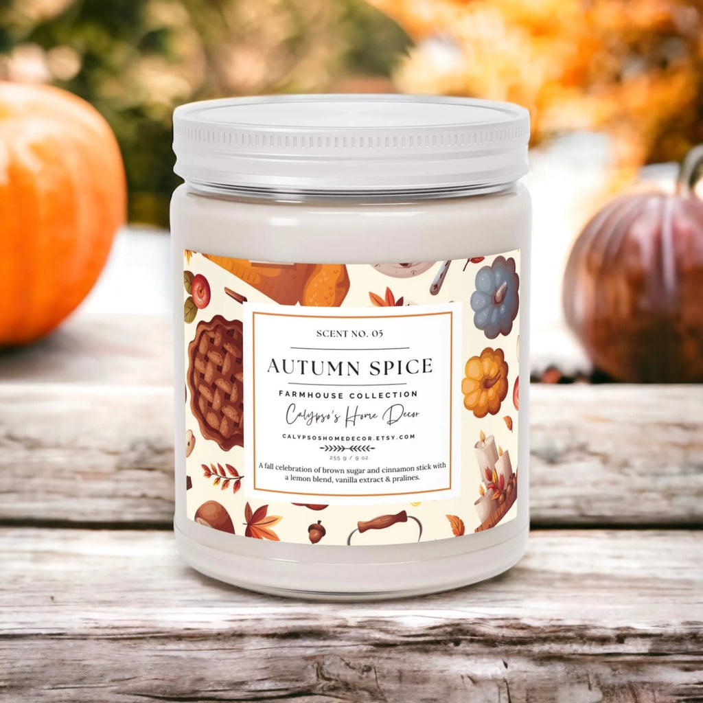 Autumn Spice candle with pumpkins and copper bowl on white background