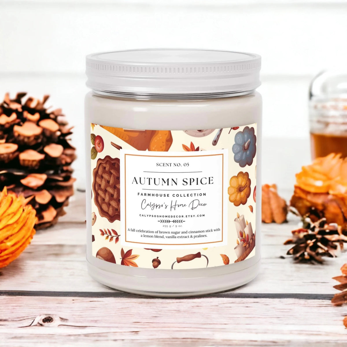 Autumn Spice candle with lid on white background product shot