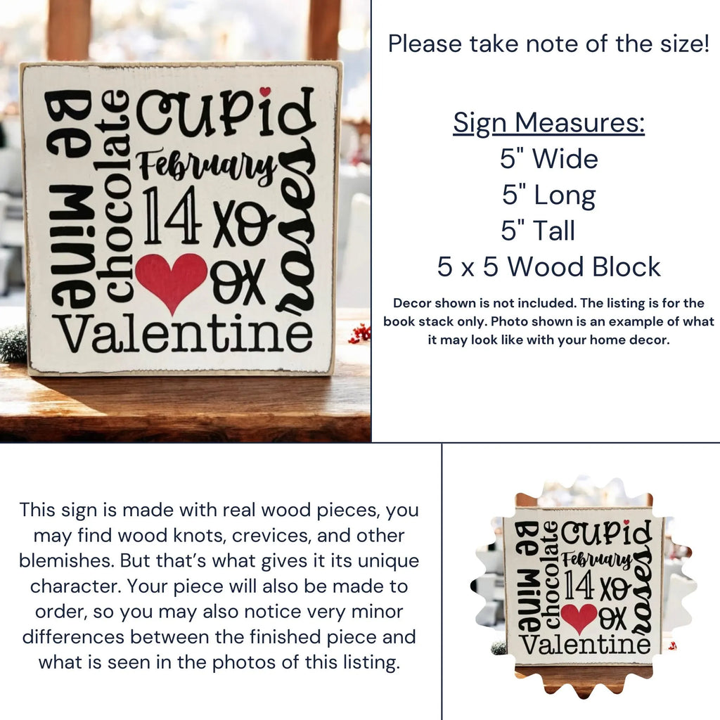 Valentine sayings wood block close up showing Be Mine Cupid Chocolate February 14 XO red heart detail