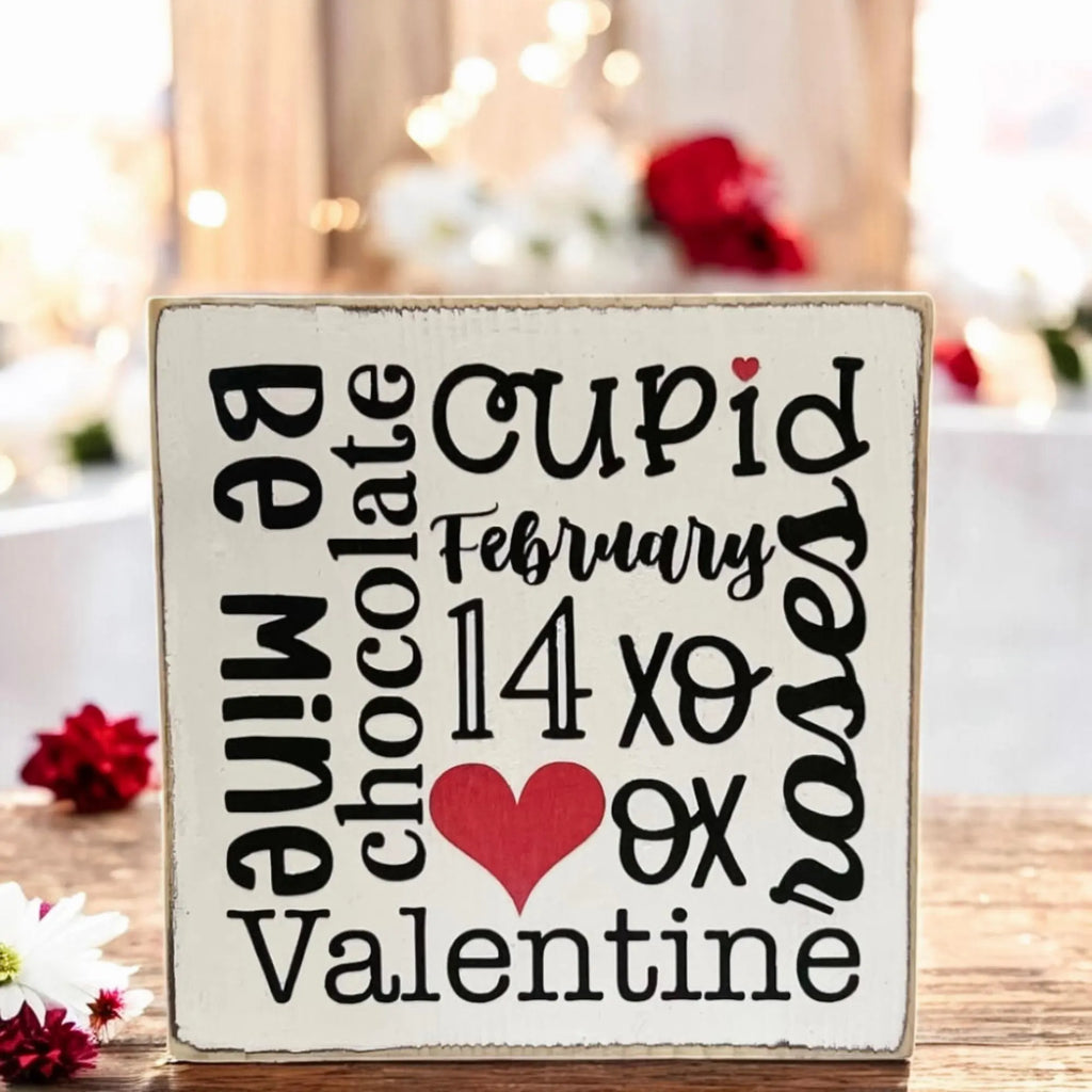 Valentine sayings wood block size reference showing 5x5x5 inch wood block dimensions