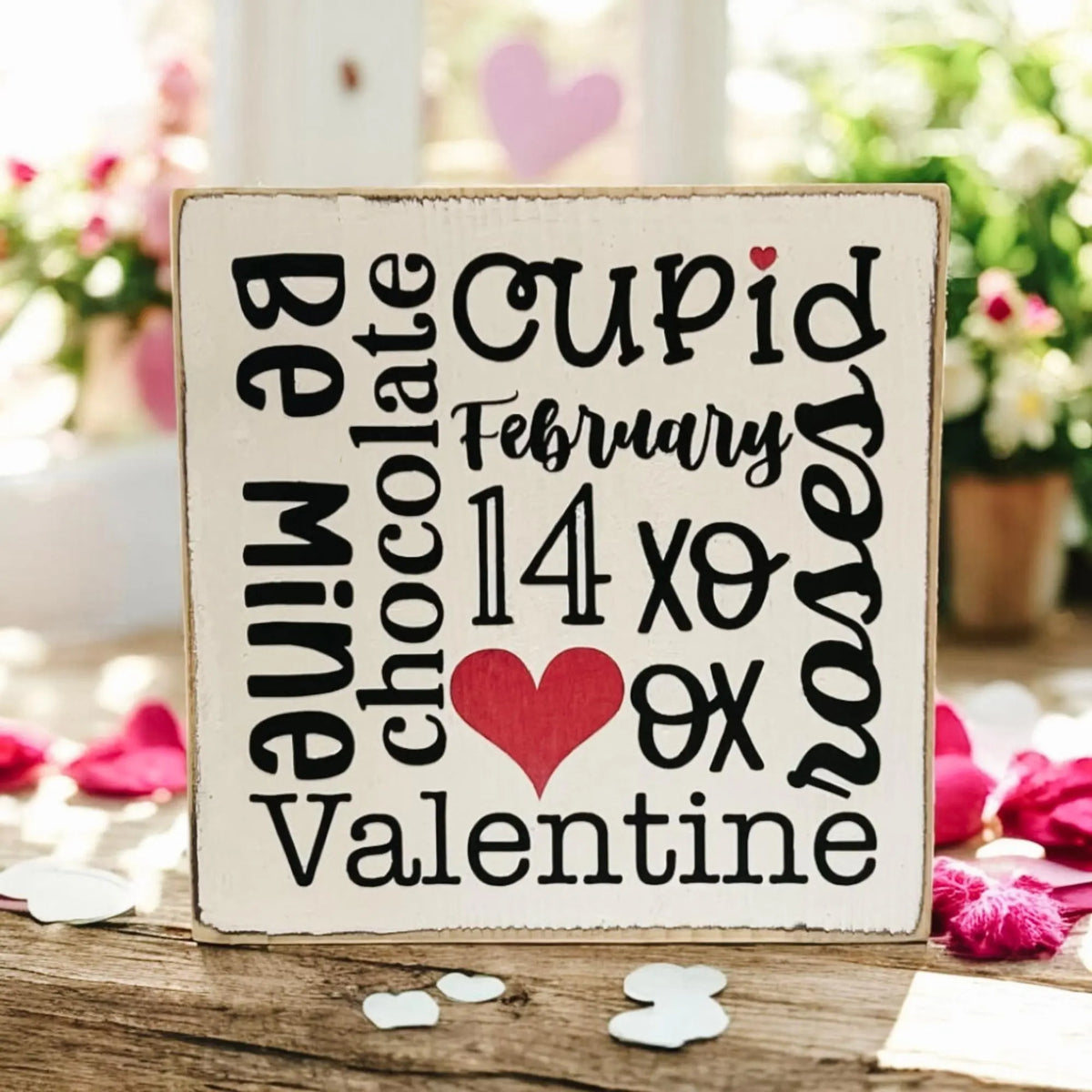 Valentine sayings wood block sign with white flowers and red roses in background