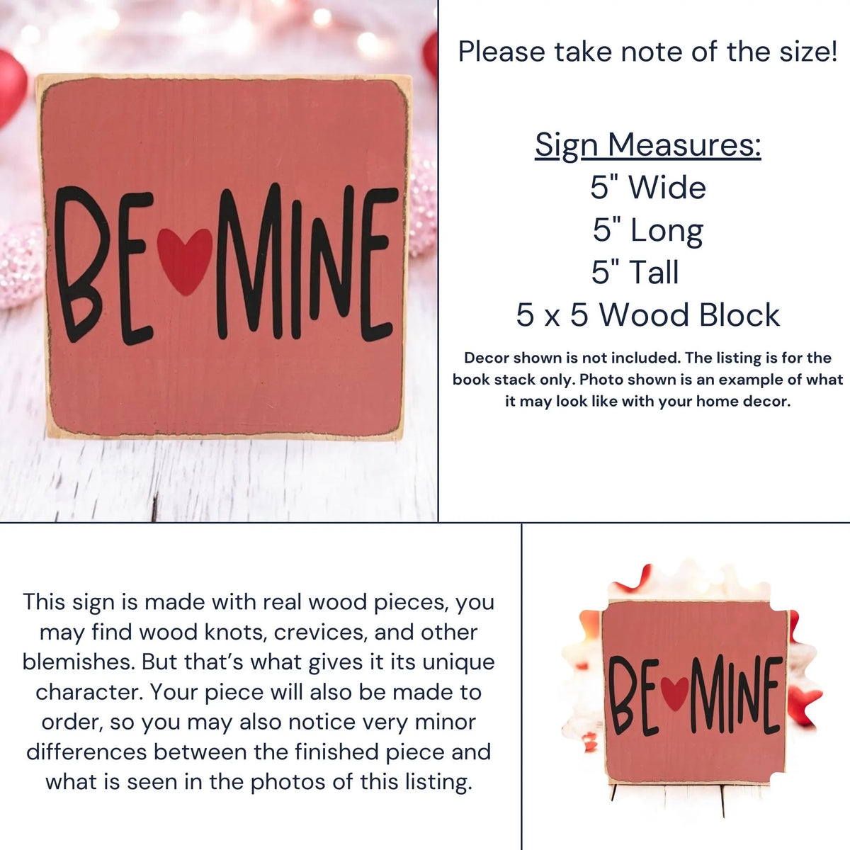 Be Mine Valentine wood block sign on white wood surface with red candy hearts and bokeh lights