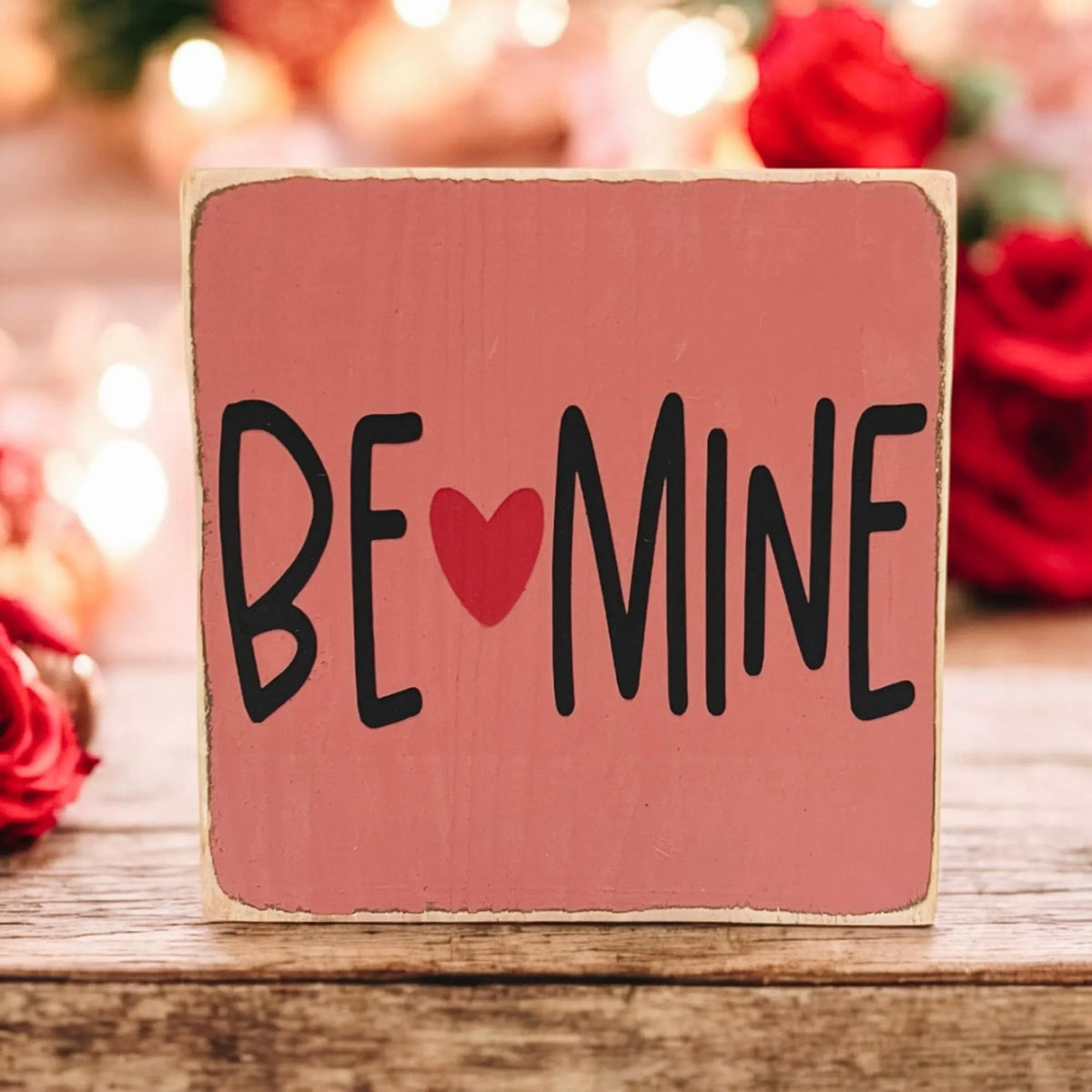 Be Mine Valentine wood block sign on white wood surface with red carnations and bokeh lights