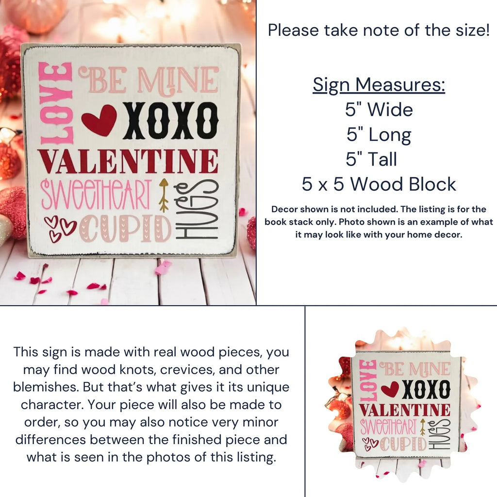 Valentine sayings wood block sign with Love Be Mine XOXO Valentine Sweetheart Cupid Hugs in pink crimson and black on white pine on white wood surface with red hearts and rose petals bokeh