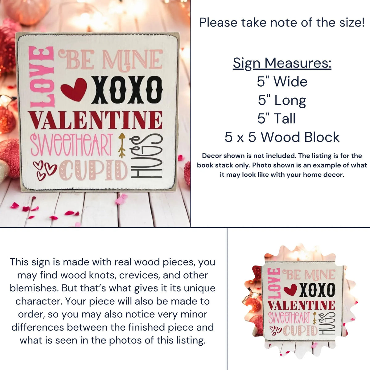 Valentine sayings wood block sign with Love Be Mine XOXO Valentine Sweetheart Cupid Hugs in pink crimson and black on white pine on white wood surface with red hearts and rose petals bokeh