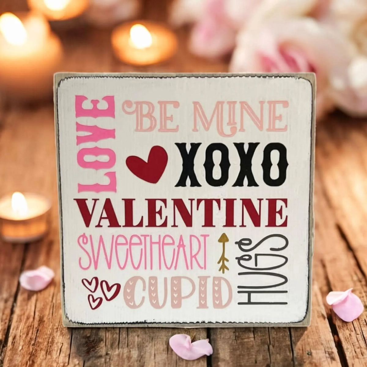 Valentine sayings wood block sign with Love Be Mine XOXO Valentine Sweetheart Cupid Hugs in pink crimson and black on white pine size reference infographic showing 5x5 wood block dimensions
