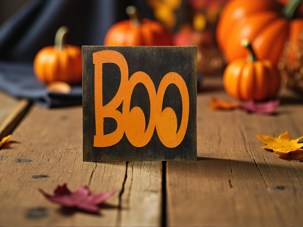 Boo black wood block sign with orange lettering on rustic wood surface with orange pumpkins and purple and red fall leaves