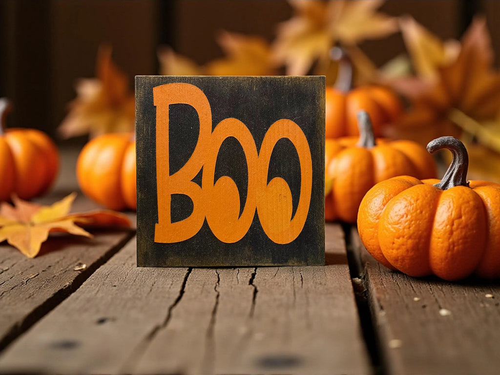 Boo black wood block sign with orange lettering on rustic wood surface with orange pumpkins and colorful fall leaves bokeh background