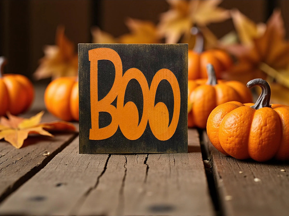 Boo black wood block sign with orange lettering on rustic wood surface with orange pumpkins and colorful fall leaves bokeh background