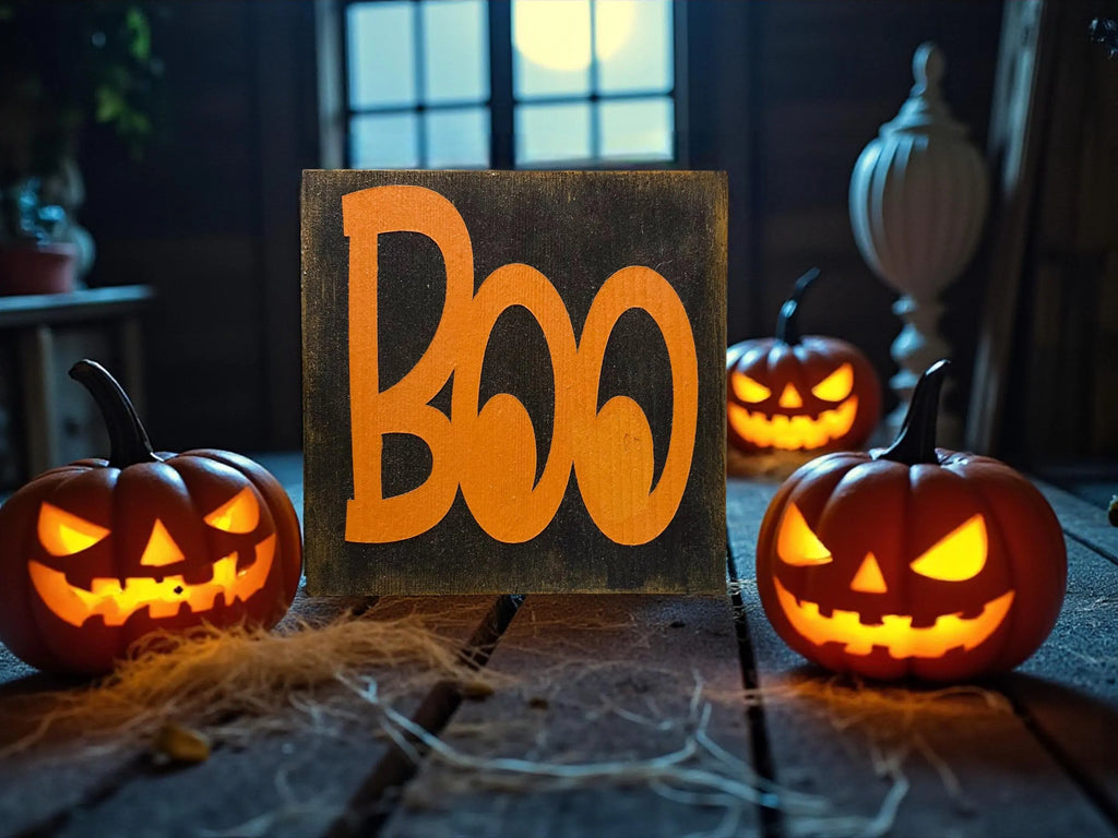 Boo black wood block sign with orange lettering on rustic wood planks surrounded by mini orange pumpkins and fall leaves