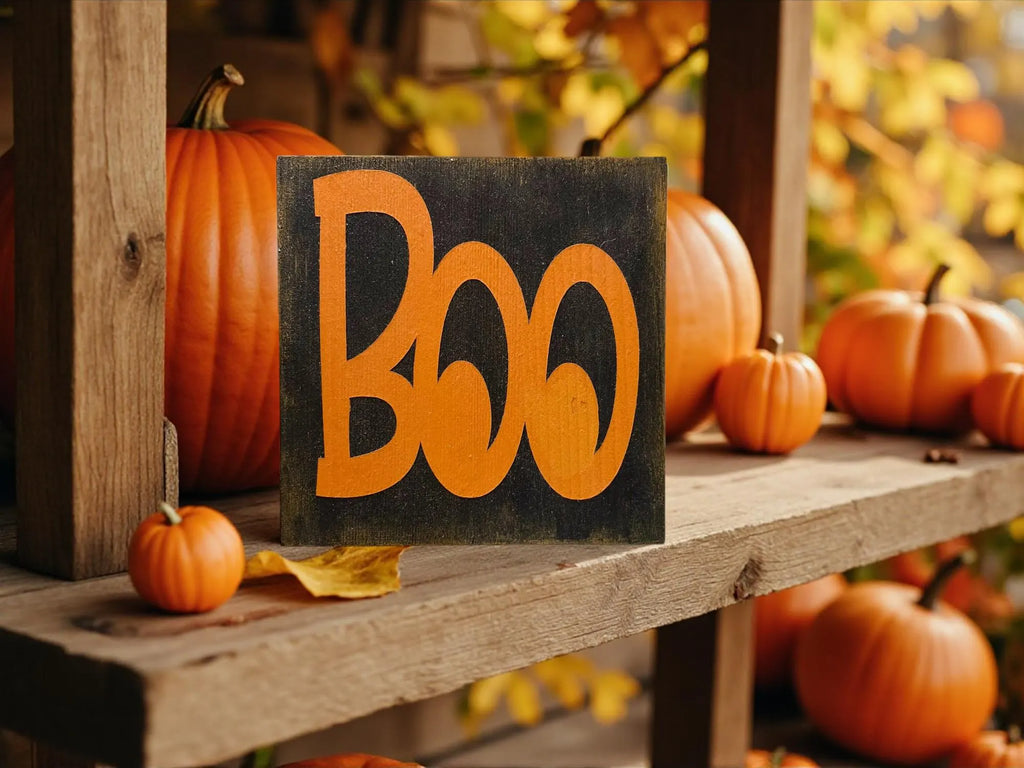 Boo black wood block sign with orange lettering on rustic wood table in dark barn with spider webs and jack-o-lanterns