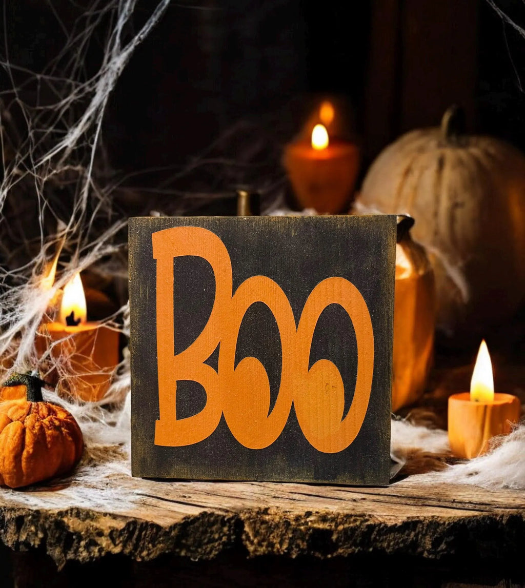 Boo black wood block sign with orange lettering on wood slice surrounded by candles spider webs and white pumpkin in dark Halloween setting