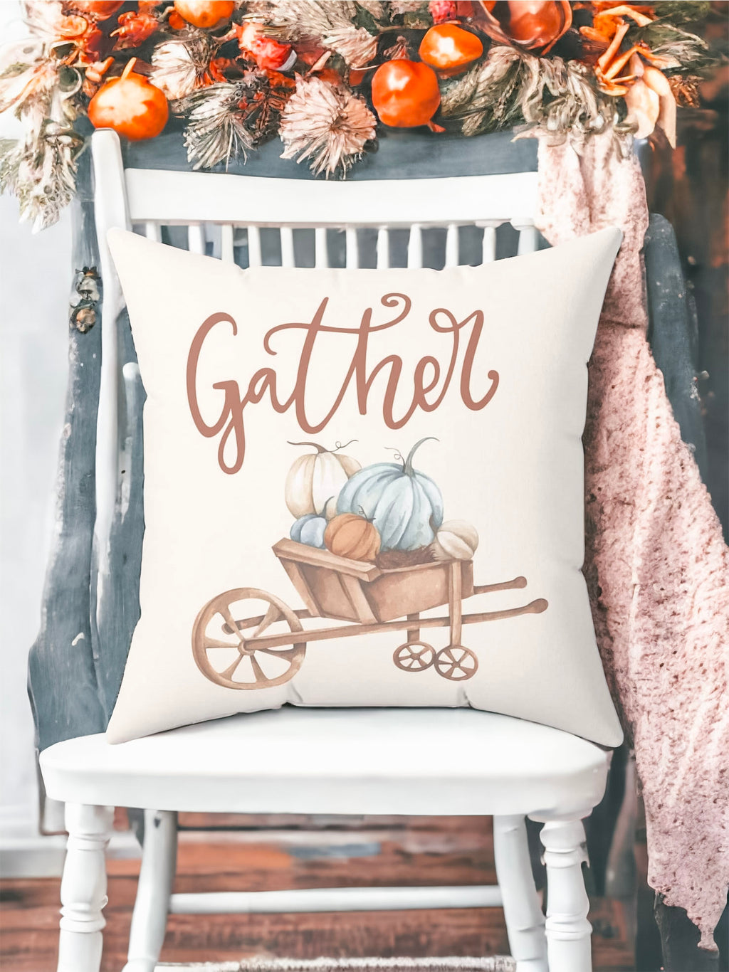 Gather Pillow Cover – Pumpkin Wheelbarrow Throw Pillowcase, Fall Farmhouse Cushion Cover (Cover Only)