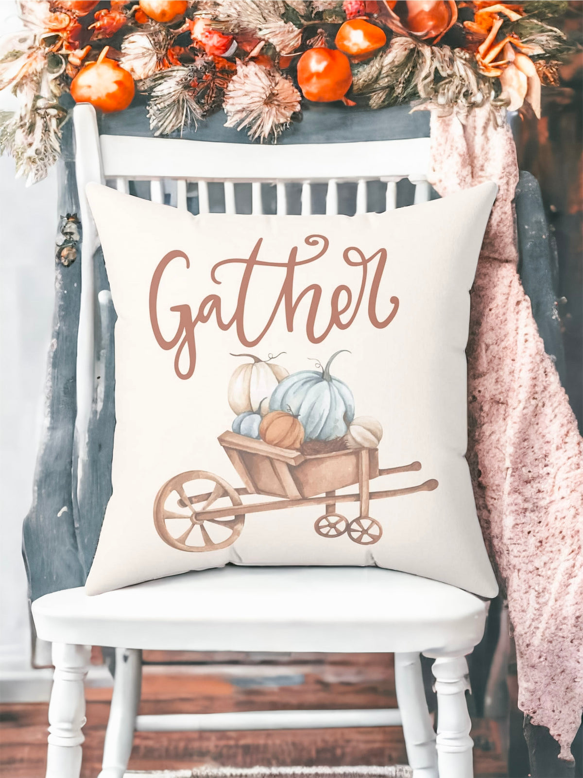 Gather Pillow Cover – Pumpkin Wheelbarrow Throw Pillowcase, Fall Farmhouse Cushion Cover (Cover Only)