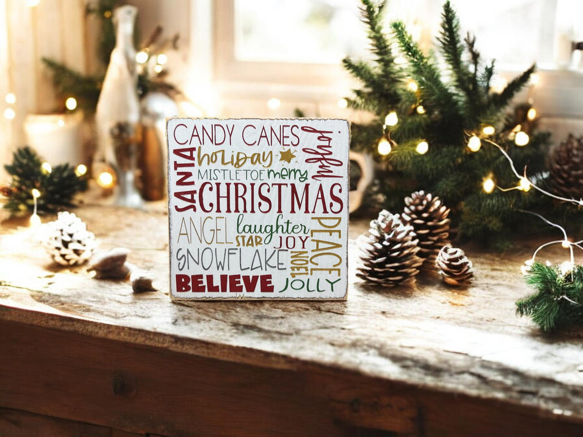 Christmas Favorites word block sign product shot on white background angled view