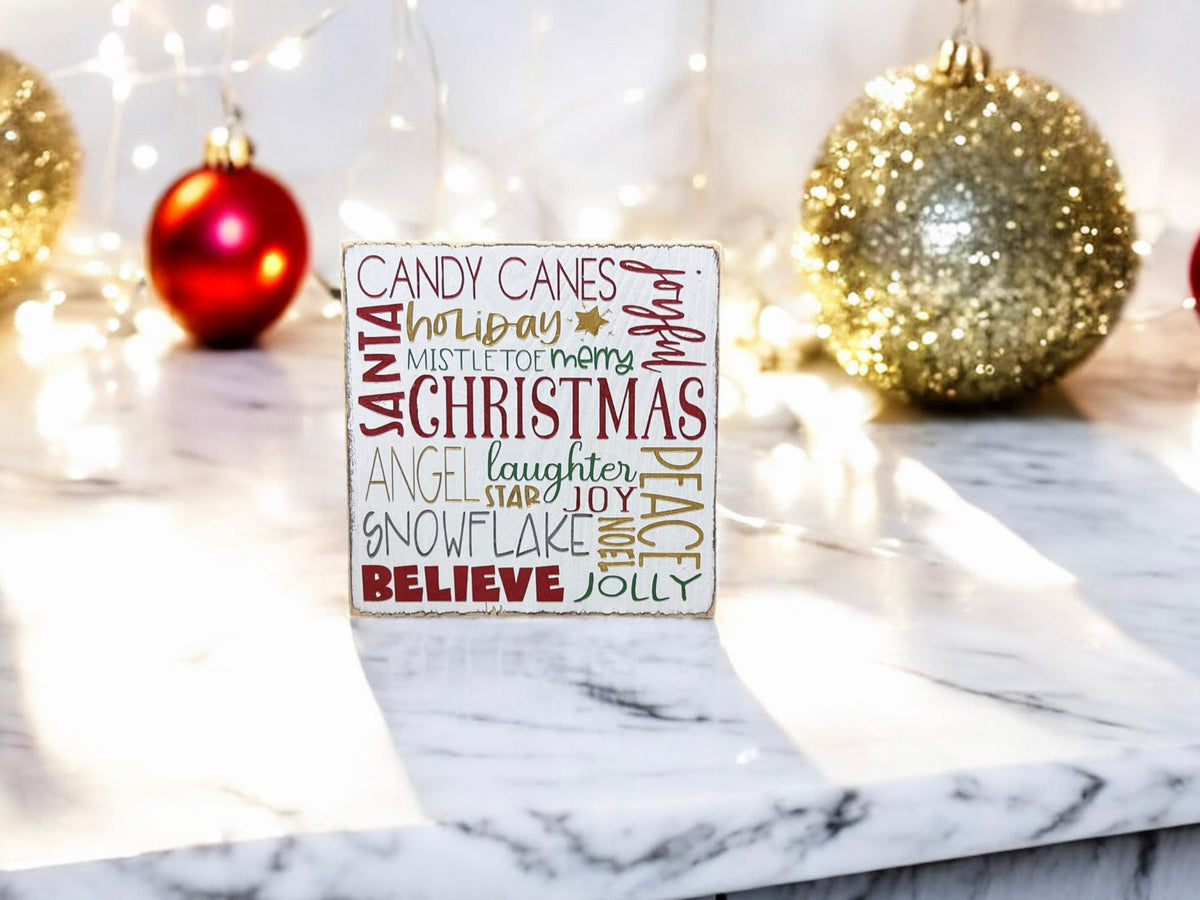 Christmas Favorites word block sign product shot on white background front view