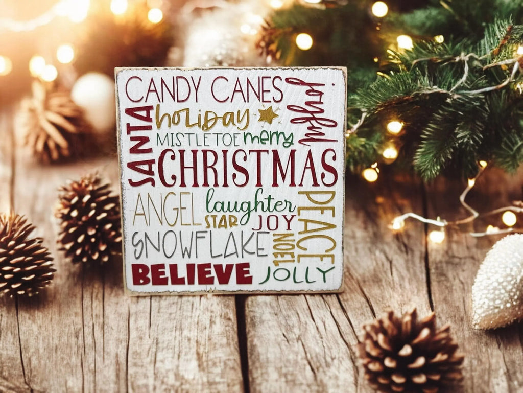 Christmas Favorites word block sign on rustic wood surface with warm bokeh string lights and red and green ornaments in background