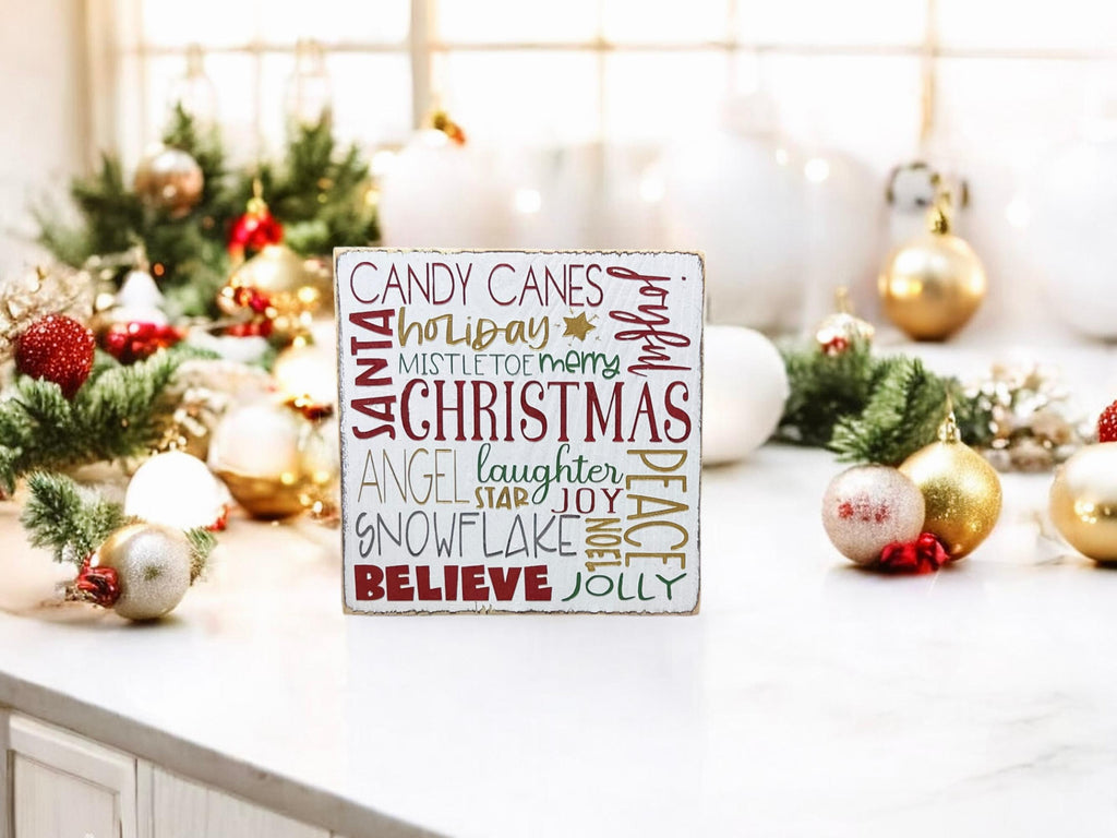 Christmas Favorites word block sign product shot on white background hero shot