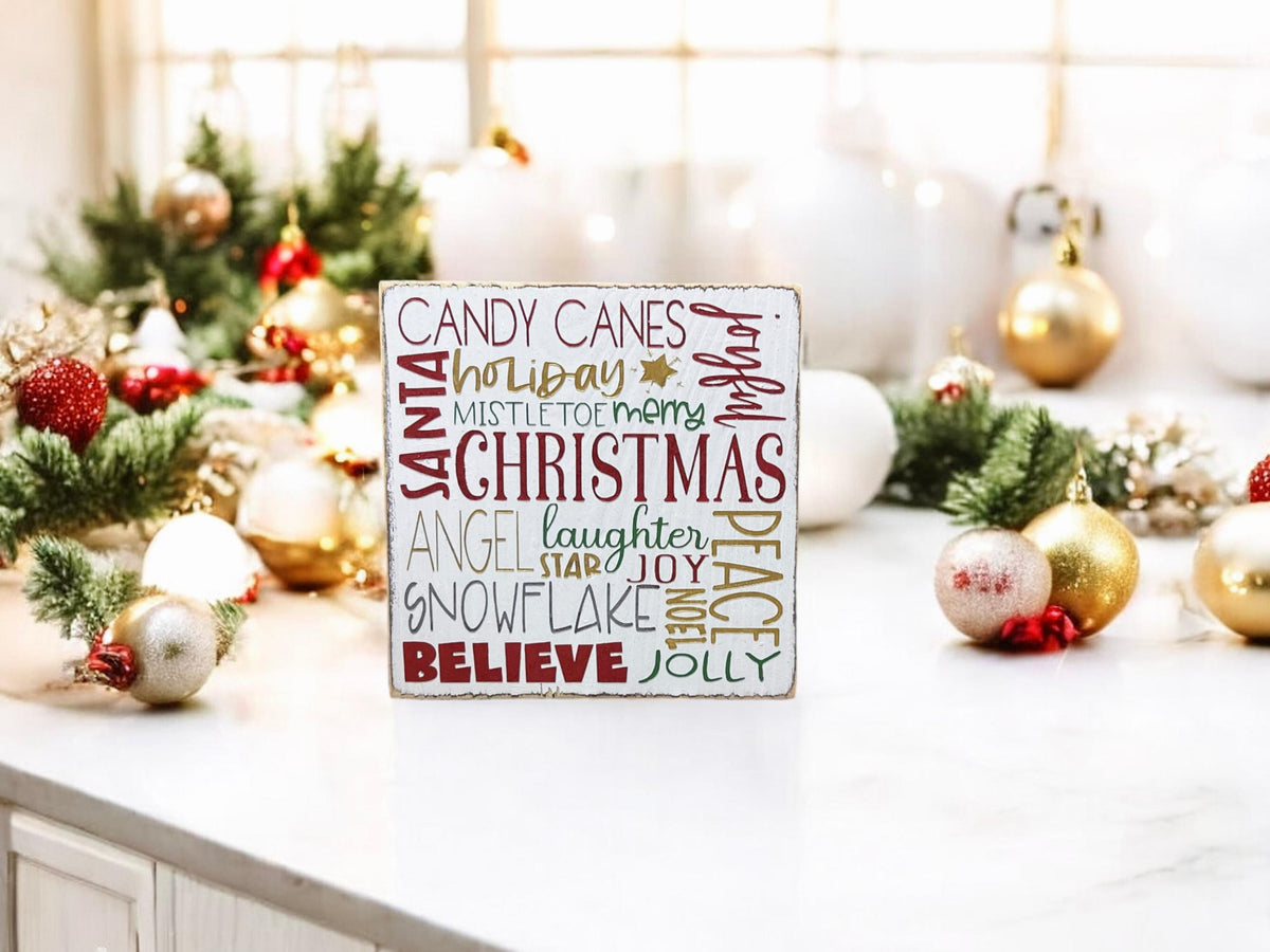 Christmas Favorites word block sign product shot on white background hero shot