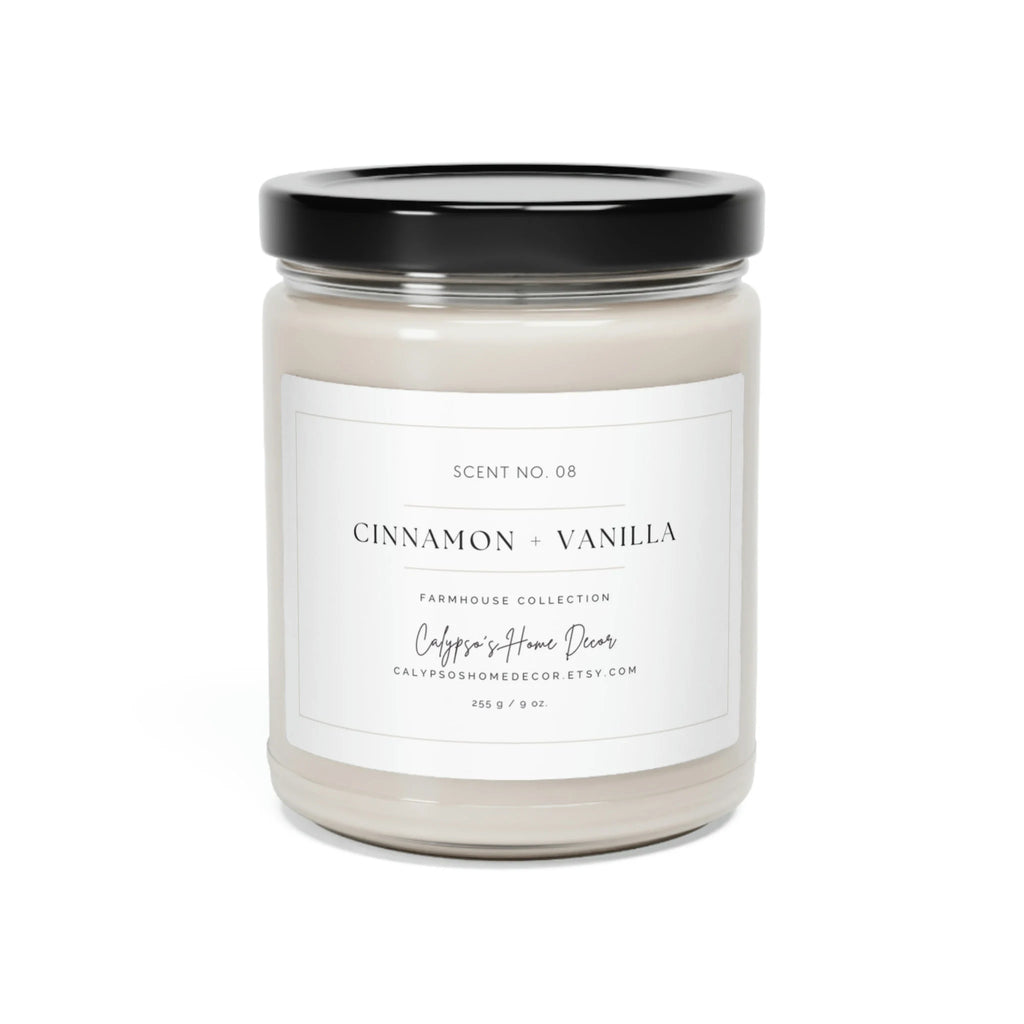 Cinnamon Vanilla candle unlit with black lid on white background