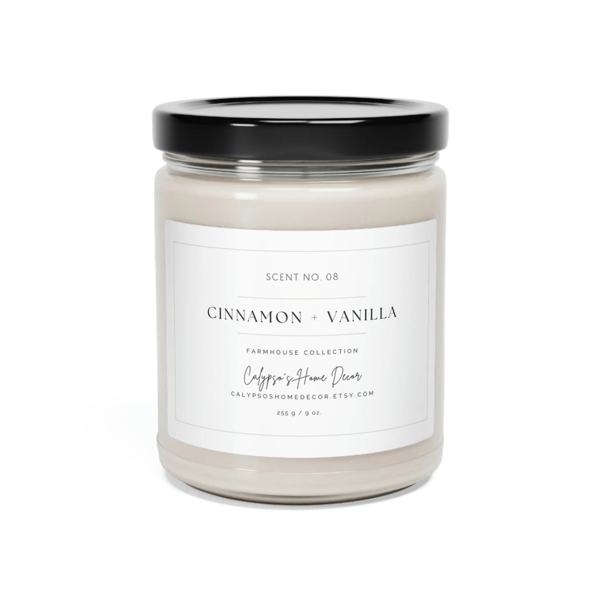 Cinnamon Vanilla candle unlit with black lid on white background