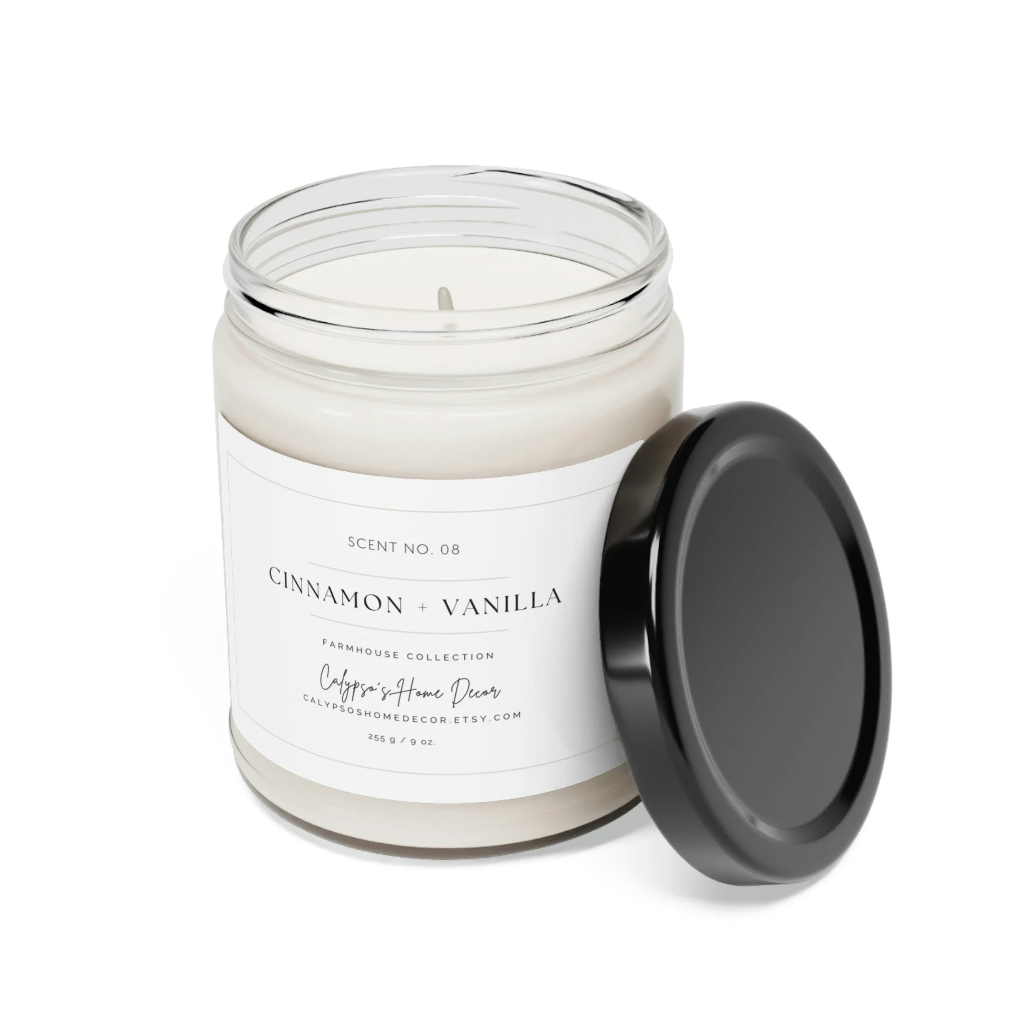 Cinnamon Vanilla candle with lid off showing cotton wick
