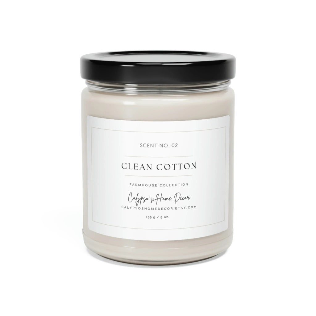 Clean Cotton soy candle Scent No. 02 Farmhouse Collection on white wood surface with cotton stems and white linen
