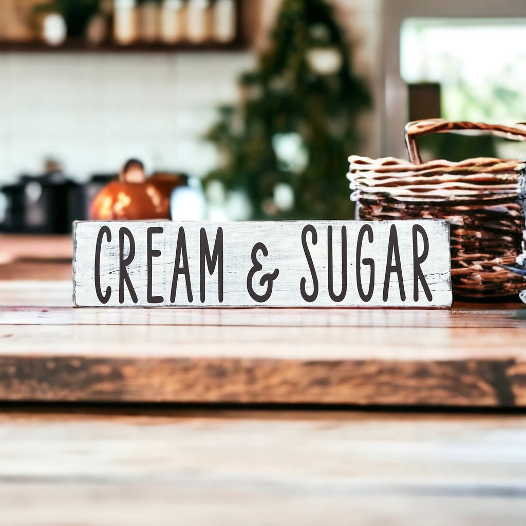 Cream and Sugar distressed white farmhouse wood sign product shot on white background