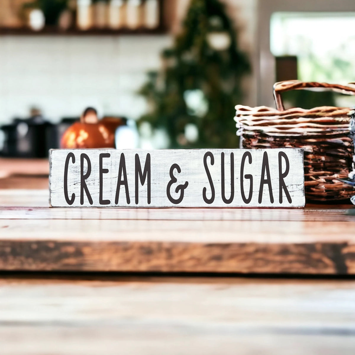 Cream and Sugar distressed white farmhouse wood sign product shot on white background