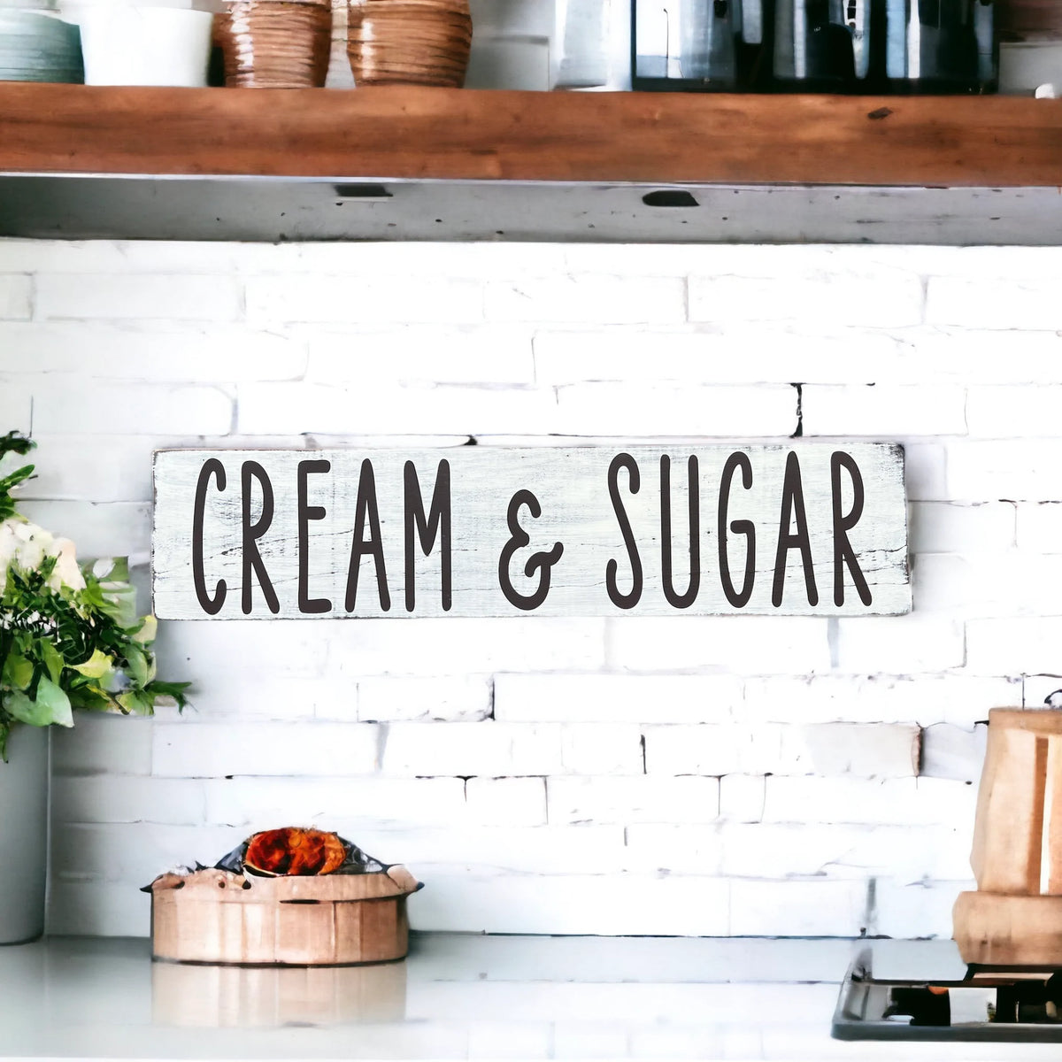 Cream and Sugar distressed white farmhouse wood sign on white background product shot close up lettering detail