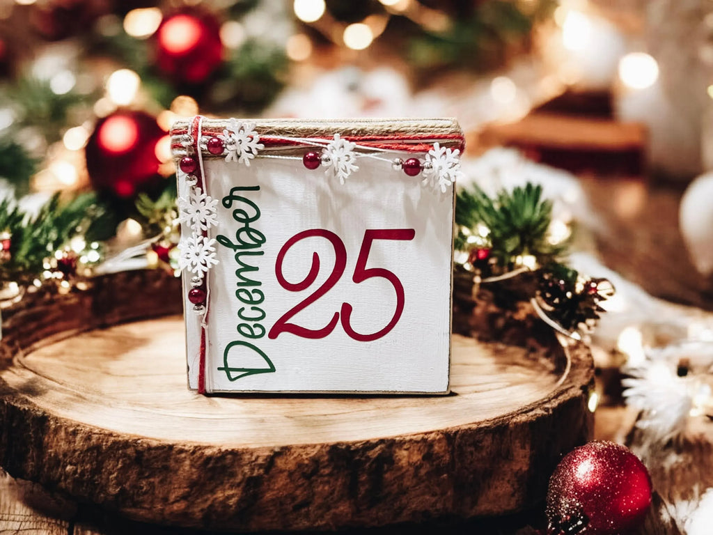 December 25 Christmas wood block sign with red 25 and green December script jute top and snowflake bead garland on rustic wood surface with red and silver ornaments and pine bokeh hero shot