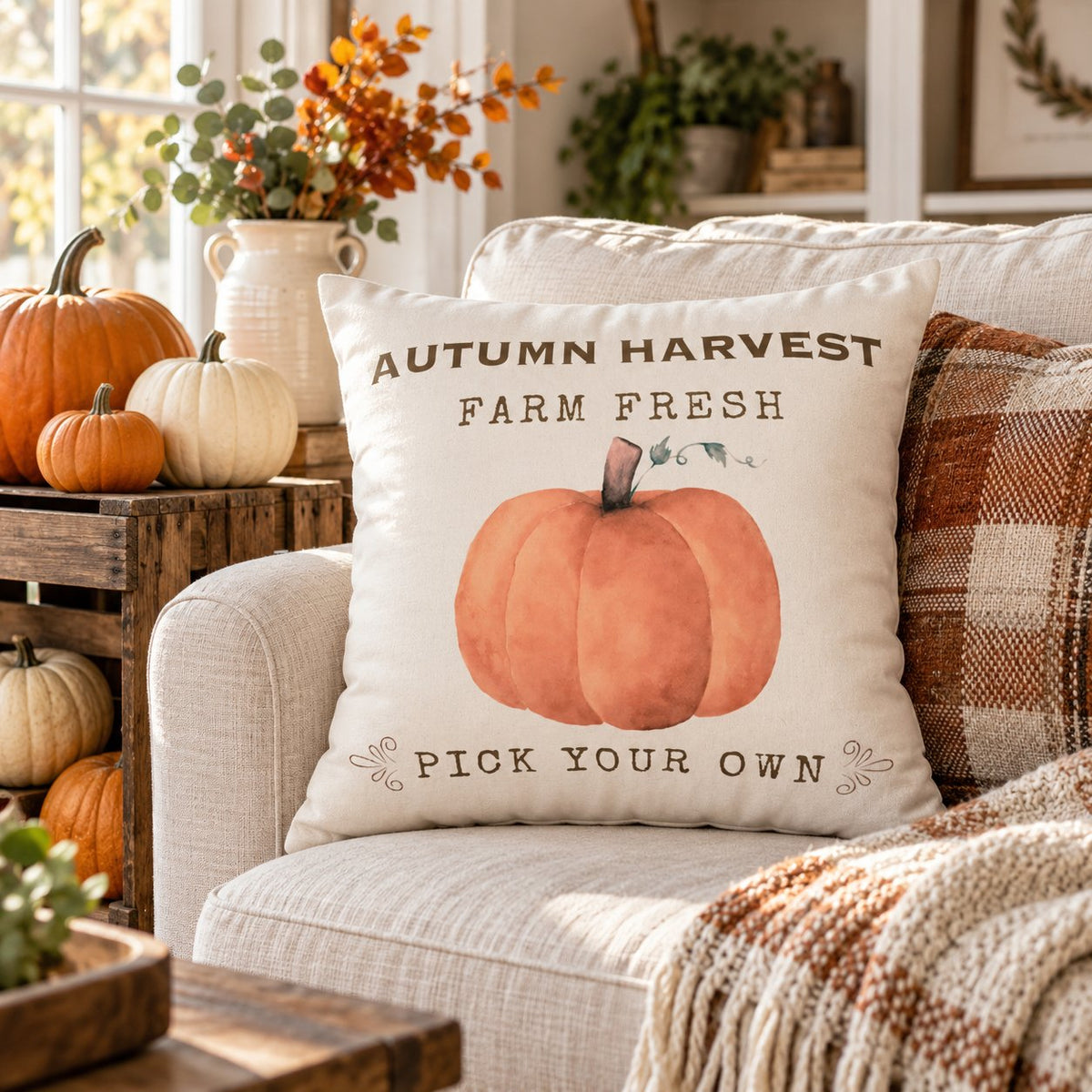 Autumn Harvest Pillow Cover – Farm Fresh Pumpkin Throw Pillowcase, Fall Farmhouse Cushion Cover (Cover Only)