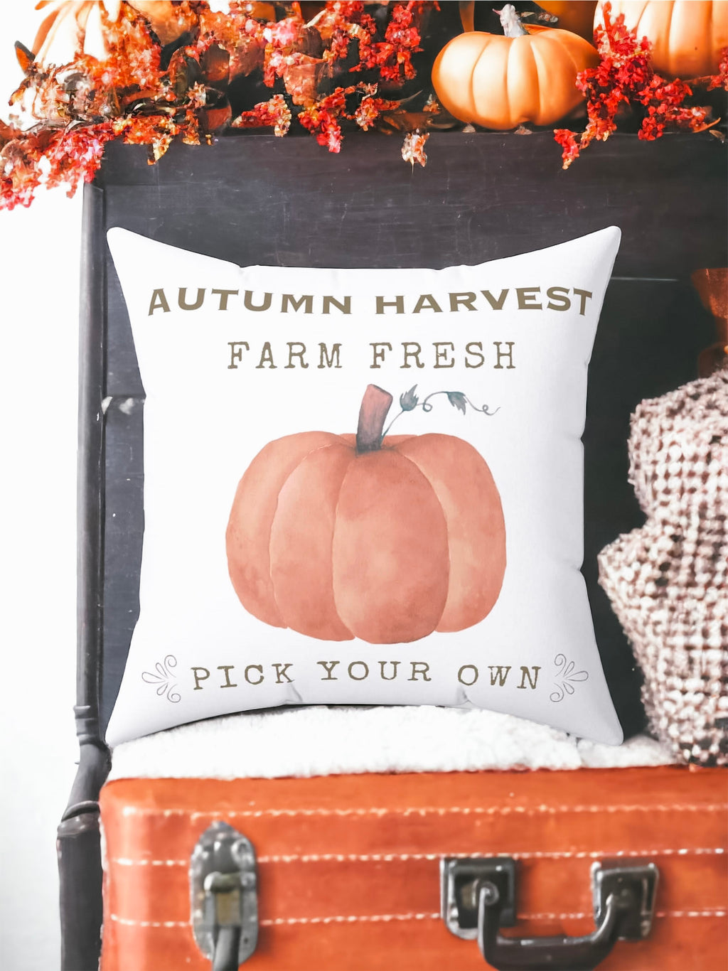 Autumn Harvest Pillow Cover – Farm Fresh Pumpkin Throw Pillowcase, Fall Farmhouse Cushion Cover (Cover Only)