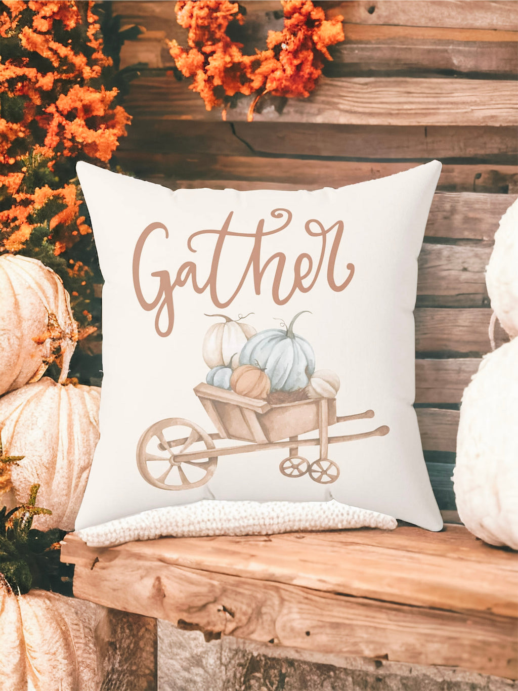 Gather Pillow Cover – Pumpkin Wheelbarrow Throw Pillowcase, Fall Farmhouse Cushion Cover (Cover Only)