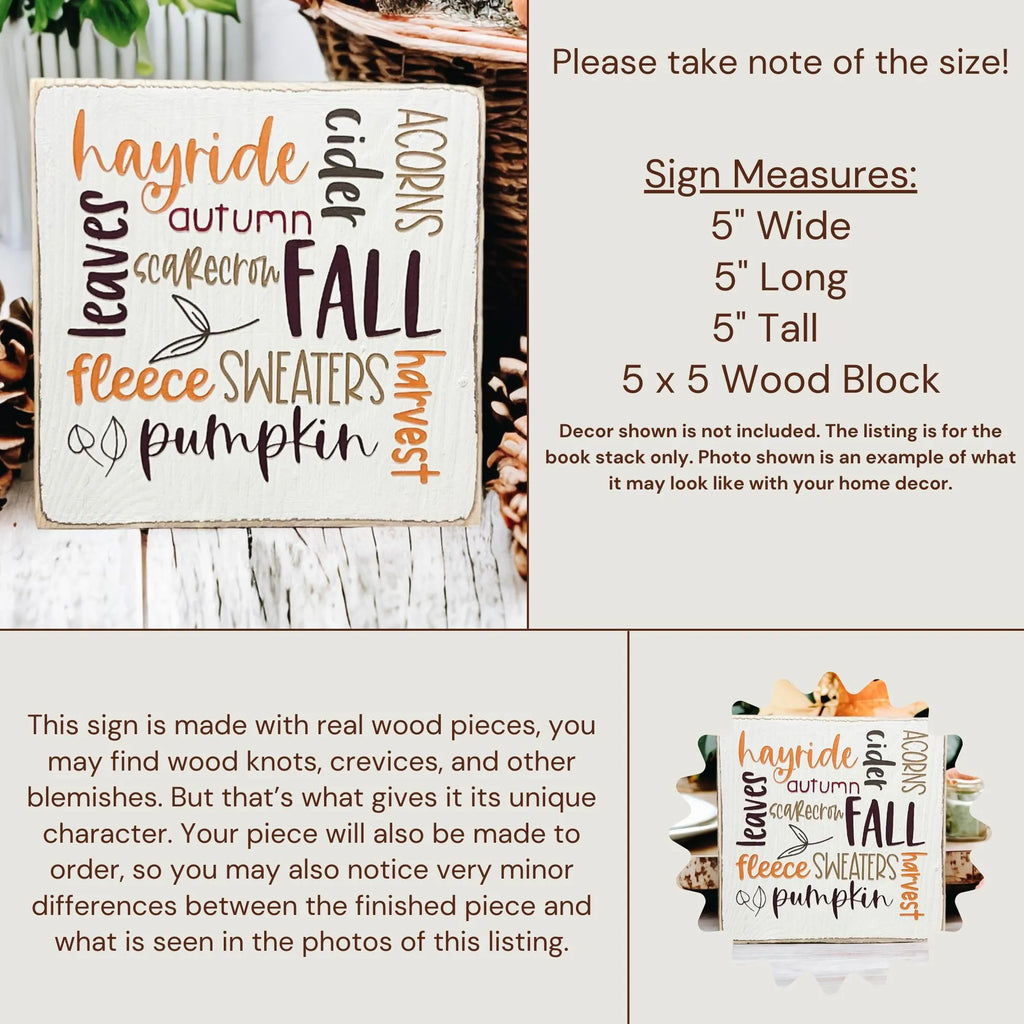 Fall Favorites word cloud wood block sign on white wood surface with autumn greenery and small pumpkin