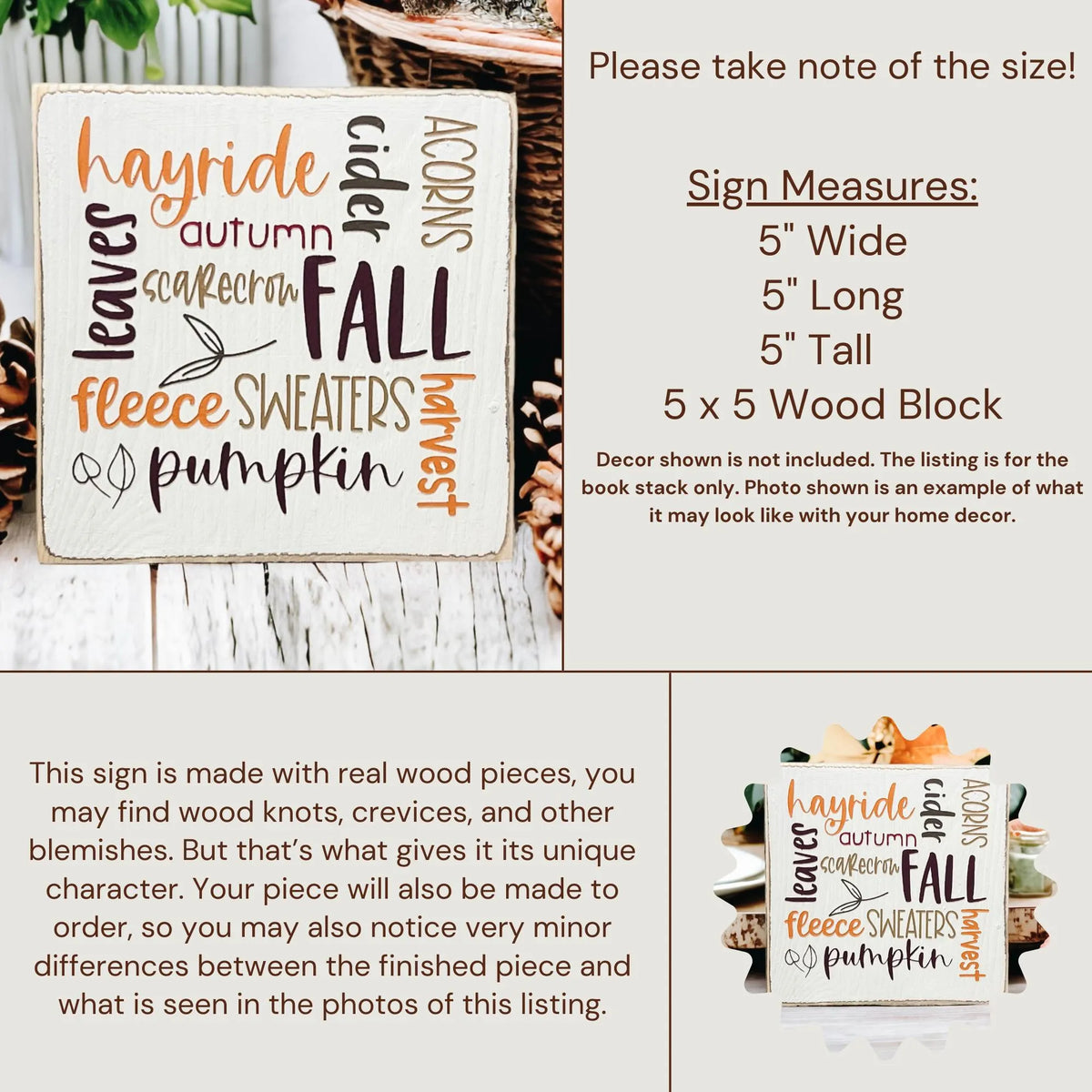 Fall Favorites word cloud wood block sign on white wood surface with autumn greenery and small pumpkin