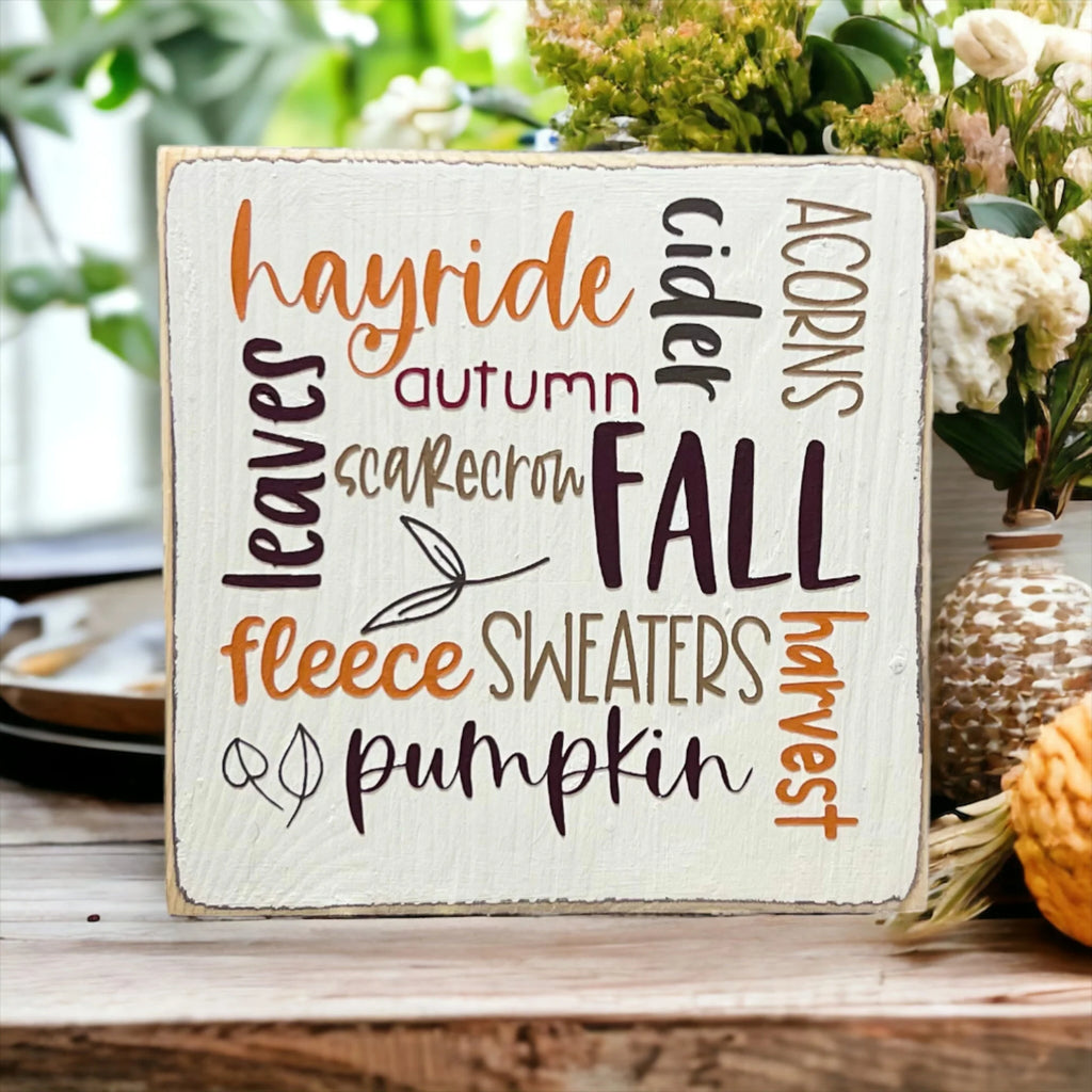 Fall Favorites word cloud wood block sign size reference infographic showing 5x5x5 inch dimensions