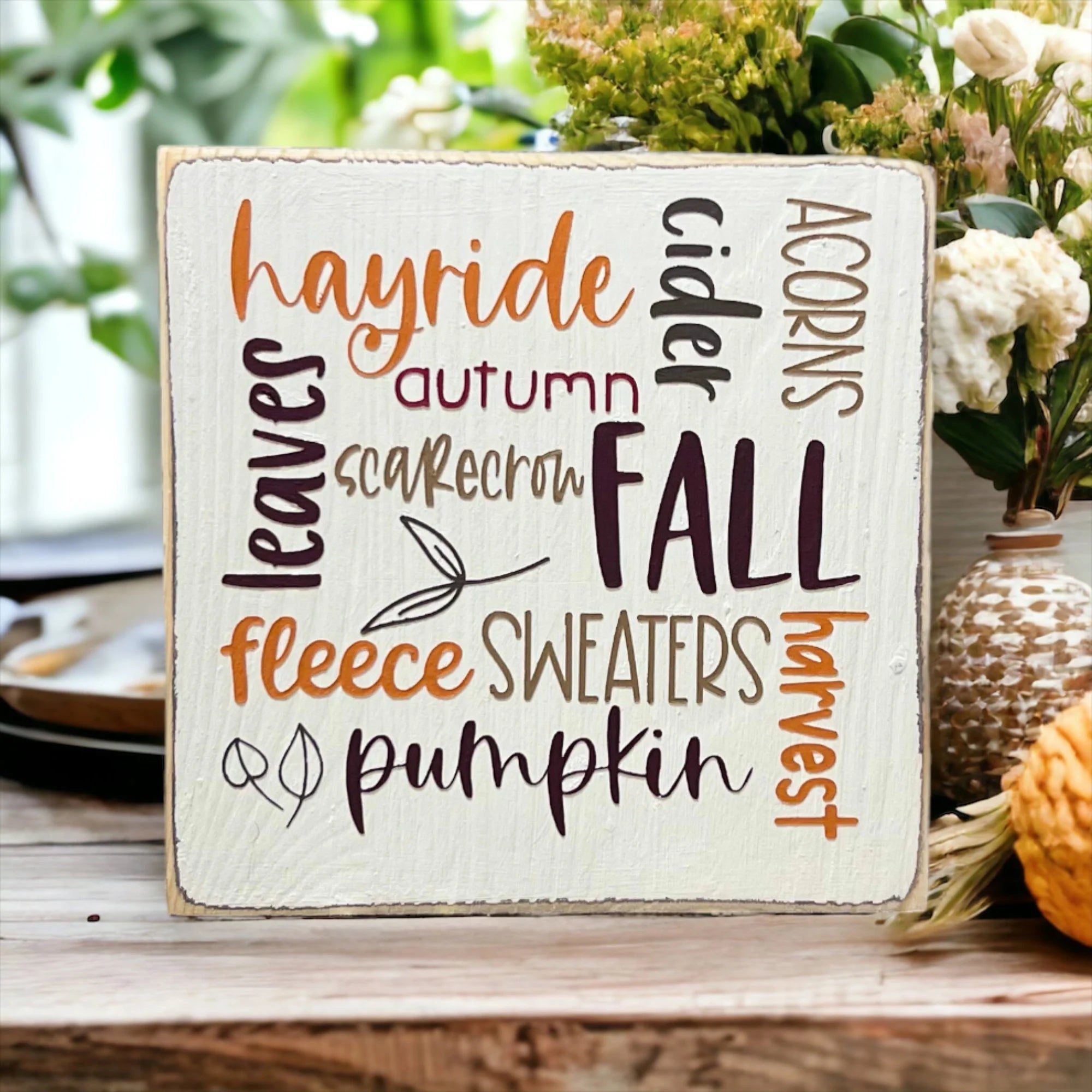 Fall Favorites word cloud wood block sign size reference infographic showing 5x5x5 inch dimensions