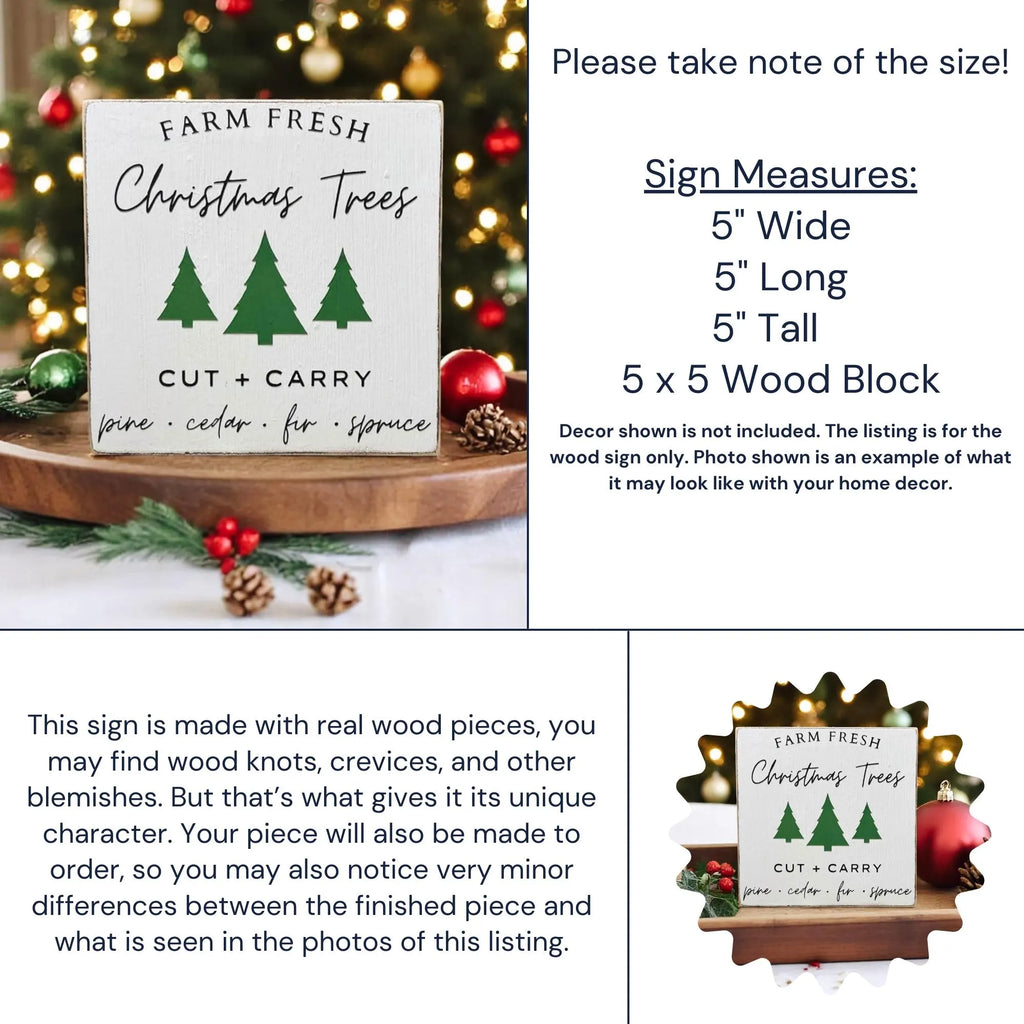 Farm Fresh Christmas Trees wood block sign front view on white surface with Christmas tree background
