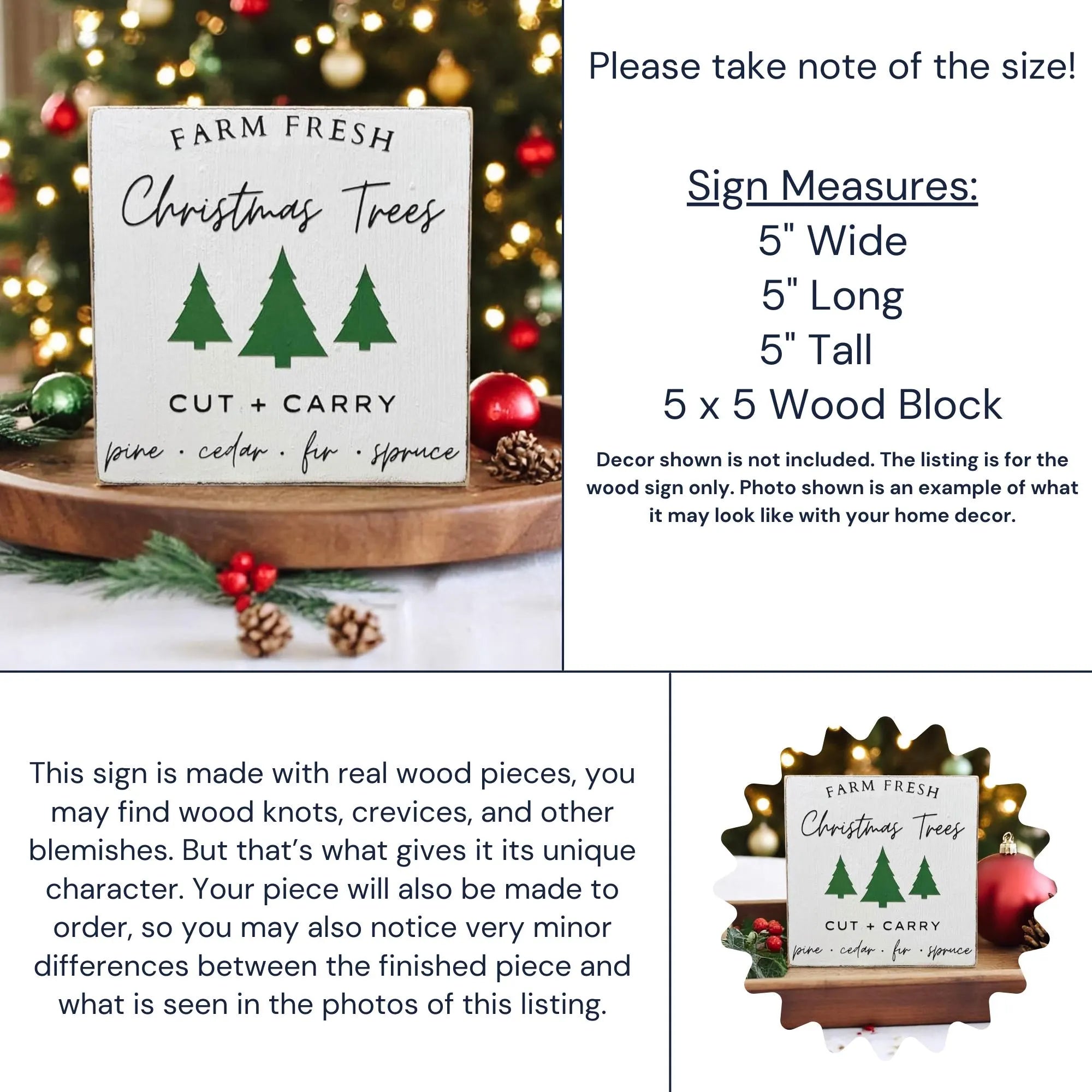 Farm Fresh Christmas Trees wood block sign front view on white surface with Christmas tree background
