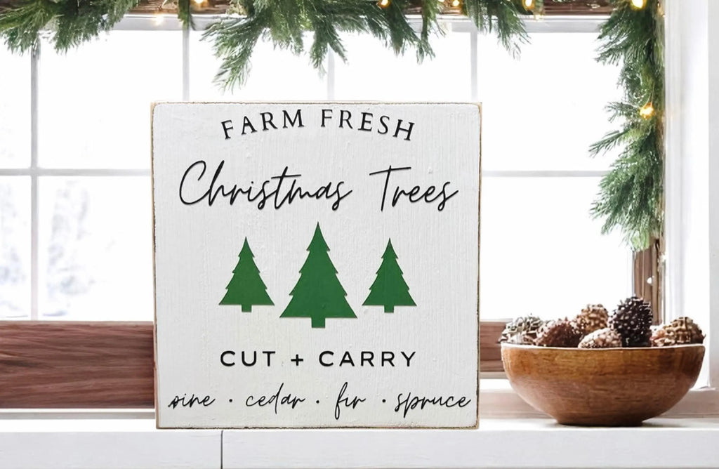 Farm Fresh Christmas Trees wood block sign in round wood tray with red and green ornaments
