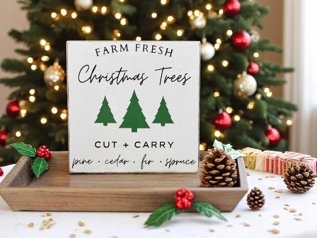 Farm Fresh Christmas Trees wood block sign size reference showing 5x5x5 inch dimensions