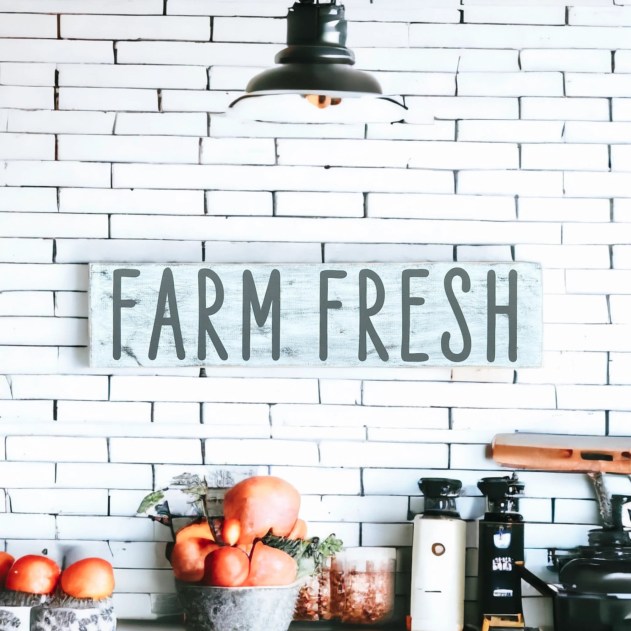 Farm Fresh distressed white wood sign with dark grey lettering on white marble counter close up product shot